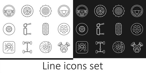 Set line Car engine, wheel, Truck side mirror, brake disk, Steering, tire and icon. Vector