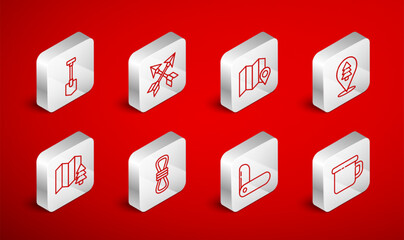 Set line Camping metal mug, Crossed arrows, Location of the forest on map, Swiss army knife, Shovel, Climber rope and icon. Vector