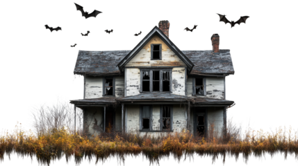 Old, abandoned house with flying bats, cut path, Halloween theme, an abandoned house with bats, an old, abandoned house with bats with flying bats around it, on a transparent backgrounds