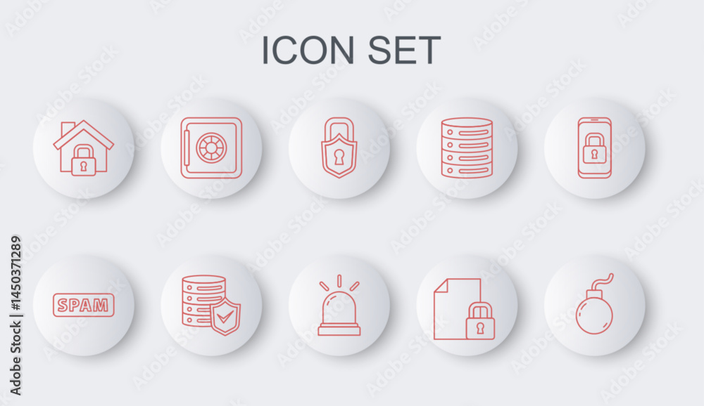 Poster set line bomb ready to explode, spam, lock, document and lock, house under protection, safe, server 