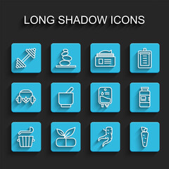 Set line Sauna bucket and ladle, Medical pill with plant, Dumbbell, Ginger root, Carrot, Mortar pestle, Collagen serum and IV bag icon. Vector