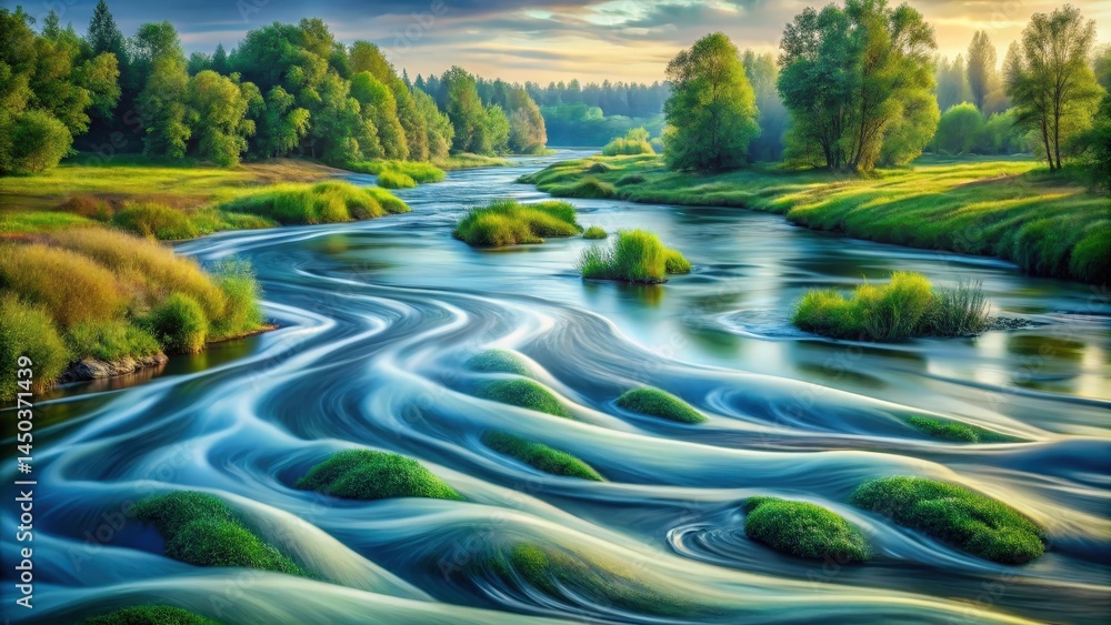 Poster a serene river winding through a lush green forest, with the water flowing smoothly and creating abs