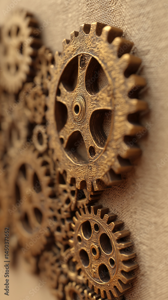 Poster close-up of bronze gears interlocked, showcasing intricate details and texture, symbolizing mechanis