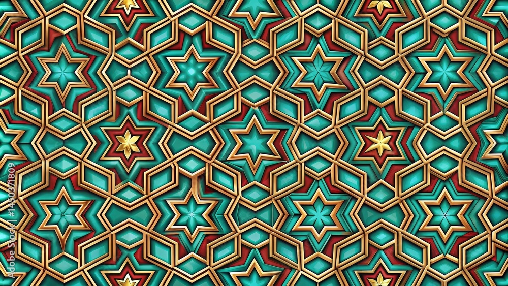 Aufkleber a repeating geometric pattern with interlocking stars, showcasing a vibrant turquoise and gold color