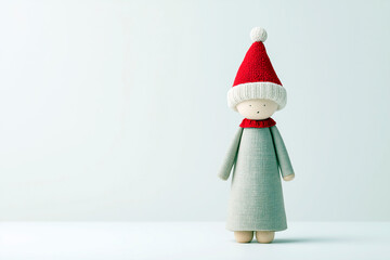 Fototapeta premium Minimalist handmade doll in a red knit Christmas hat and scarf standing against a light background