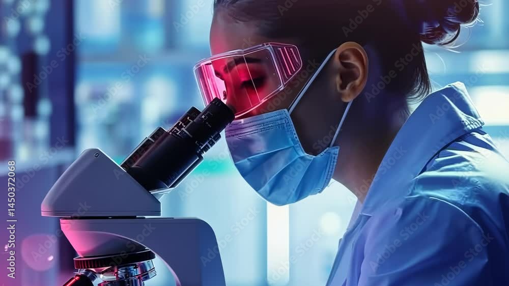 Aufkleber A scientist in a laboratory setting uses a microscope for research. They are wearing protective eyewear and a mask, indicating a focus on safety and precision during scientific research, and