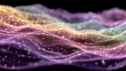 Abstract swirling, iridescent,  particle waves,  soft pastel colors,  glowing,  dark background.  Detailed  texture,  flowing  patterns