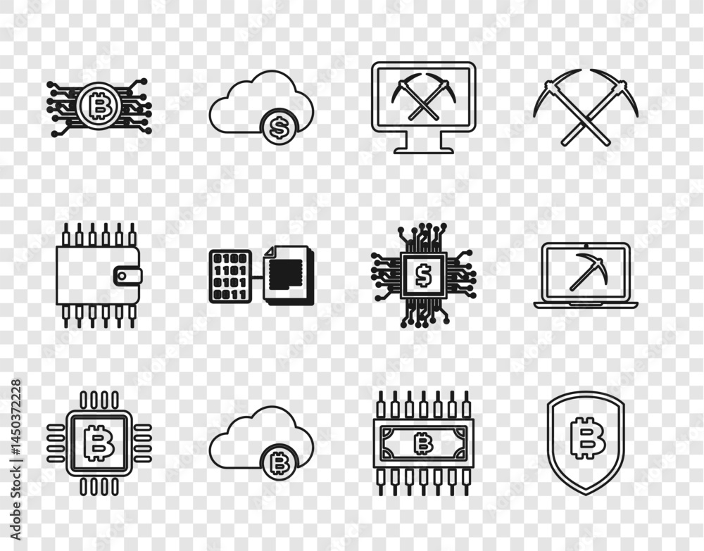 Poster set line cpu mining farm, shield with bitcoin, mining monitor and pickaxe, cryptocurrency cloud, cir