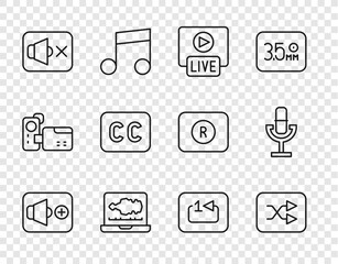 Set line Speaker volume, Arrow shuffle, Live stream, Sound or audio recorder, mute, Subtitles, Repeat track music player and Microphone icon. Vector