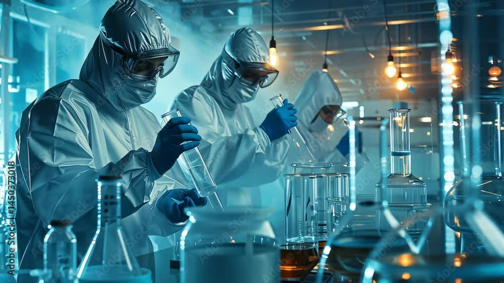 Poster Three scientists in protective suits work diligently in a blue-lit laboratory. They handle test tubes and pipettes, surrounded by various scientific instruments and glassware, conducting experiments.