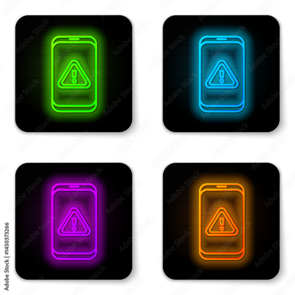 Poster glowing neon line mobile phone with exclamation mark icon isolated on white background. alert messag
