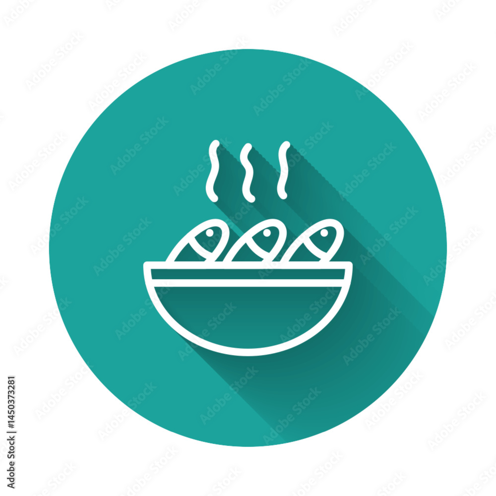 Poster white line fish soup icon isolated with long shadow. green circle button. vector.