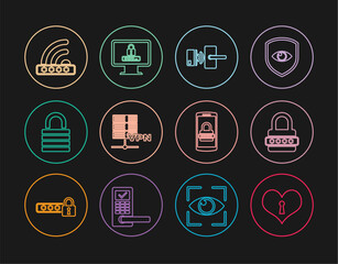 Set line Heart with keyhole, Password protection, Digital door lock wireless, Server VPN, Lock, Wifi locked, Mobile and password and Monitor icon. Vector