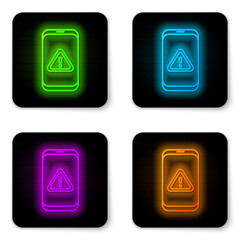 Glowing neon line Mobile phone with exclamation mark icon isolated on white background. Alert message smartphone notification. Black square button. Vector