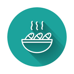 White line Fish soup icon isolated with long shadow. Green circle button. Vector.