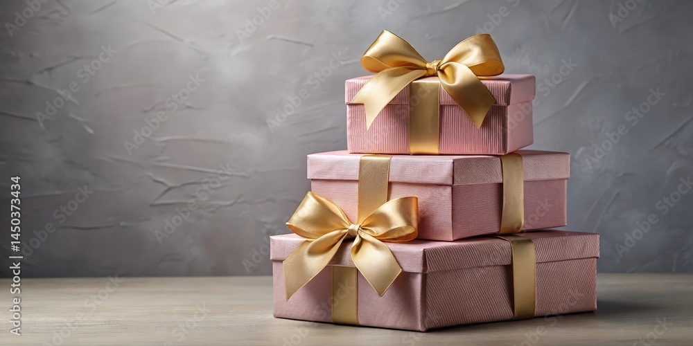 Poster a stack of pink gift boxes adorned with delicate golden bows sits on a rustic wooden surface against