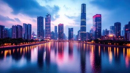 Fototapeta premium Urban skyline at dawn, reflecting in calm water. Modern skyscrapers, vibrant colors, tranquil scene