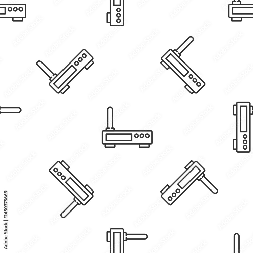 Poster grey line router and wi-fi signal icon isolated seamless pattern on white background. wireless ether