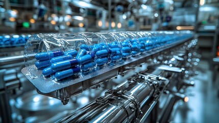 Blue capsules being packaged on a conveyor belt in a pharmaceutical factory.  Detailed view of the automated production line