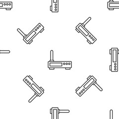 Obraz premium Grey line Router and wi-fi signal icon isolated seamless pattern on white background. Wireless ethernet modem router. Computer technology internet. Vector