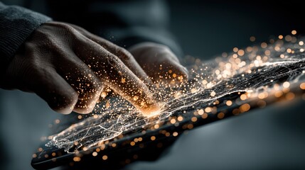 Hands interacting with a tablet, digital network.  Abstract graphic overlay of interconnected lines and particles