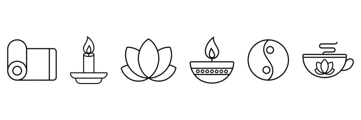 Therapy icon set featuring yoga mat, candle, lotus, yin yang and tea cup vector illustration collection.