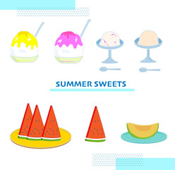 夏の冷たいデザートやフルーツのイラストセット