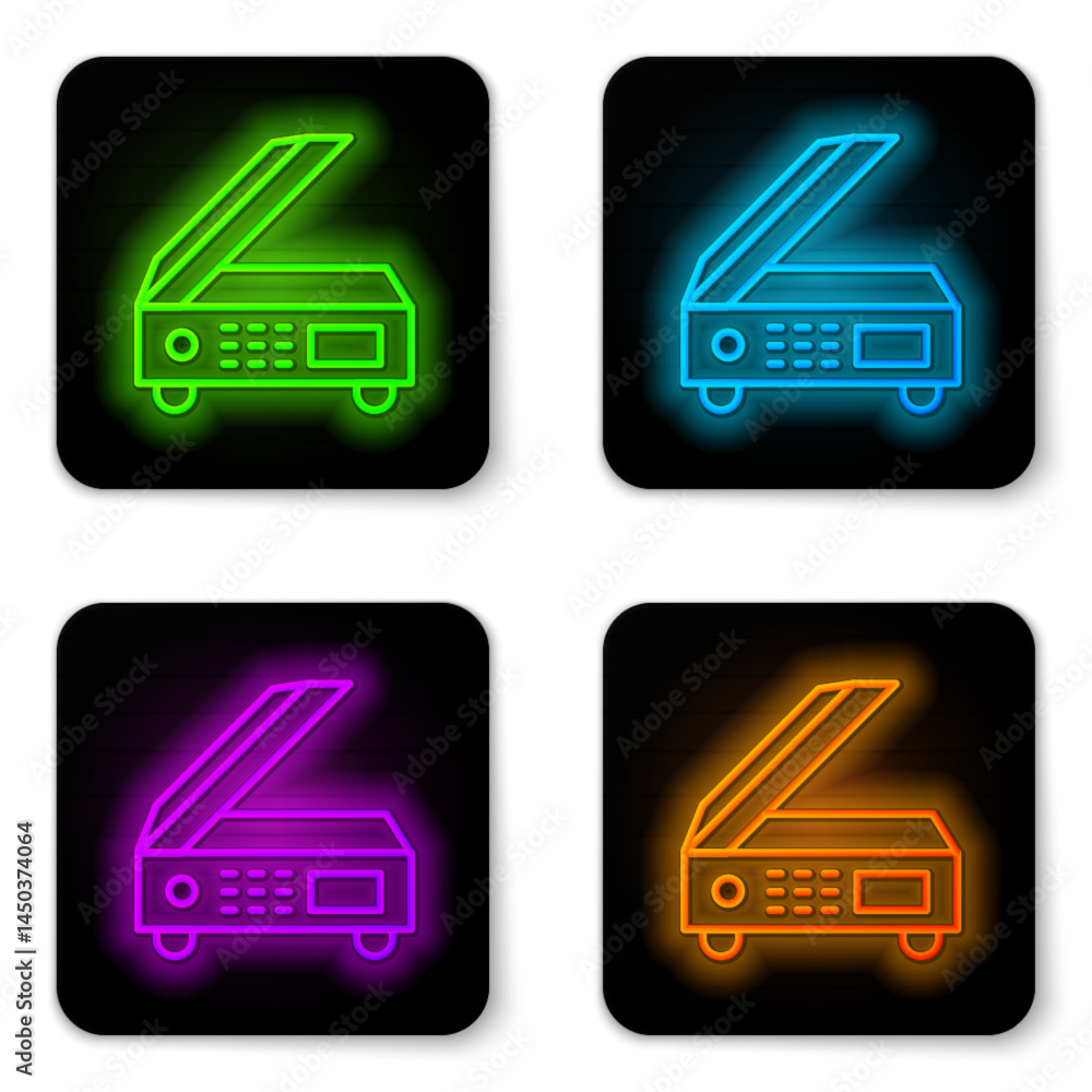 Poster glowing neon line scanner icon isolated on white background. scan document, paper copy, print office