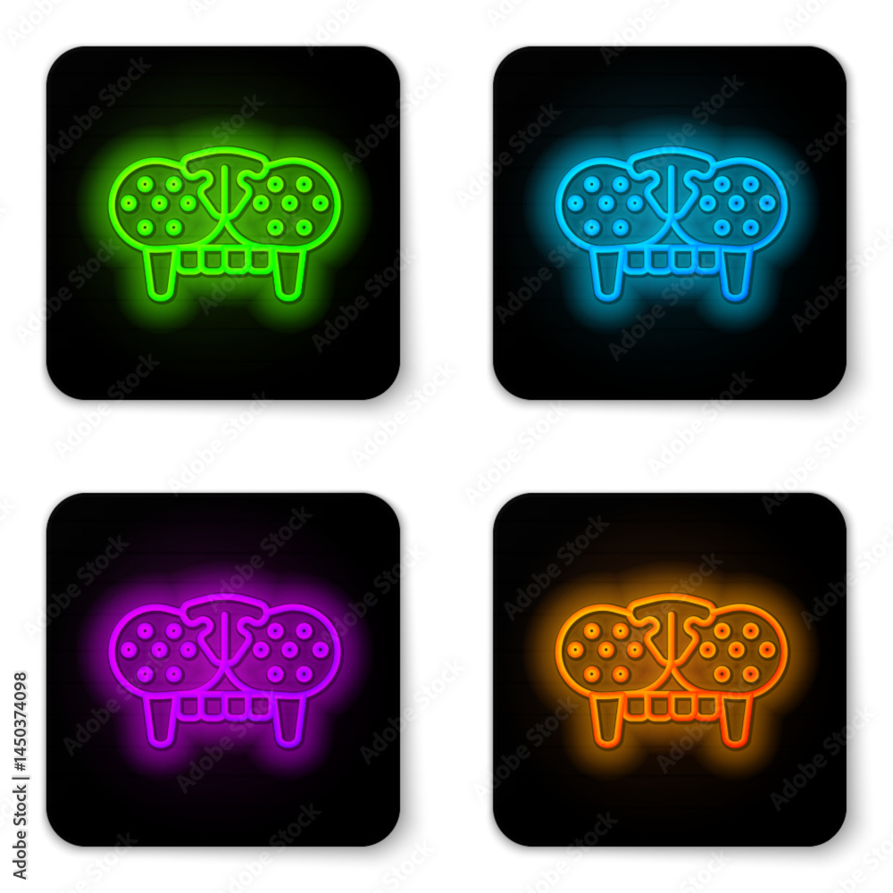 Poster glowing neon line cat tooth icon isolated on white background. black square button. vector