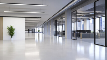 Spacious and modern office interior featuring large windows, minimalist design, and greenery. bright environment promotes productivity