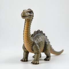 A worn plastic Diplodocus dinosaur toy isolated on a white background.