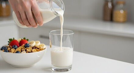 Healthy Breakfast Setup with Oat Milk, Cereal, and Fresh Fruit