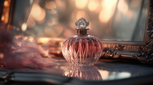 Elegant perfume bottle on a decorative tray.