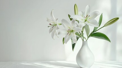 Modern minimalist vase with drooping white lilies on white background.