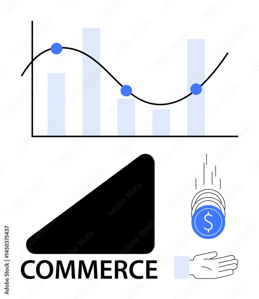 Poster bar chart with rising line graph, commerce text under a stylized icon, and falling coins towards an 
