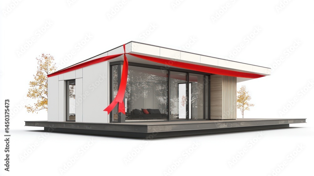 Poster modern modular house with red ribbon wrapping the entire structure on white background.