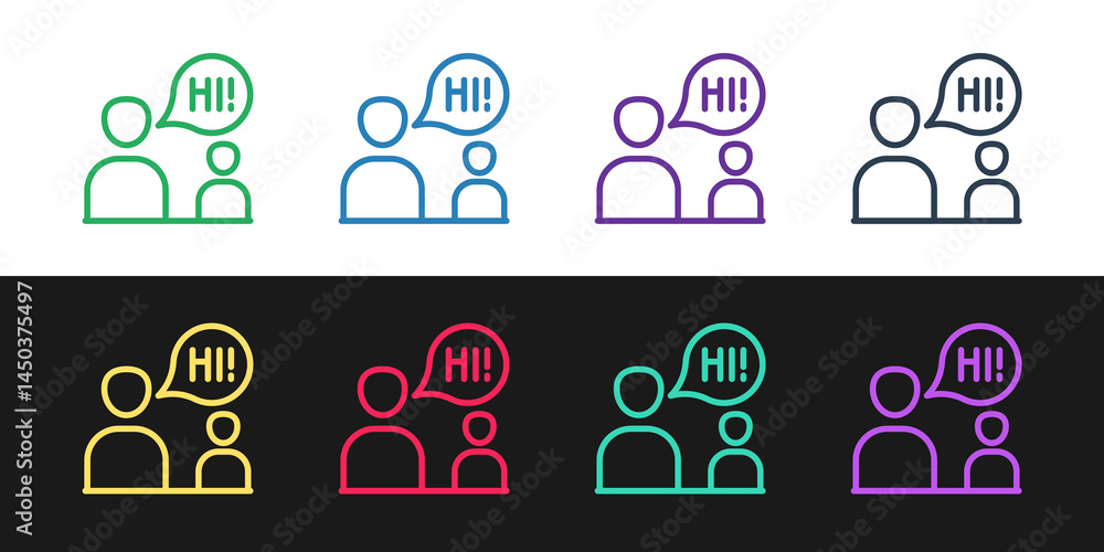 Poster set line two sitting men talking icon isolated on black and white background. speech bubble chat. me