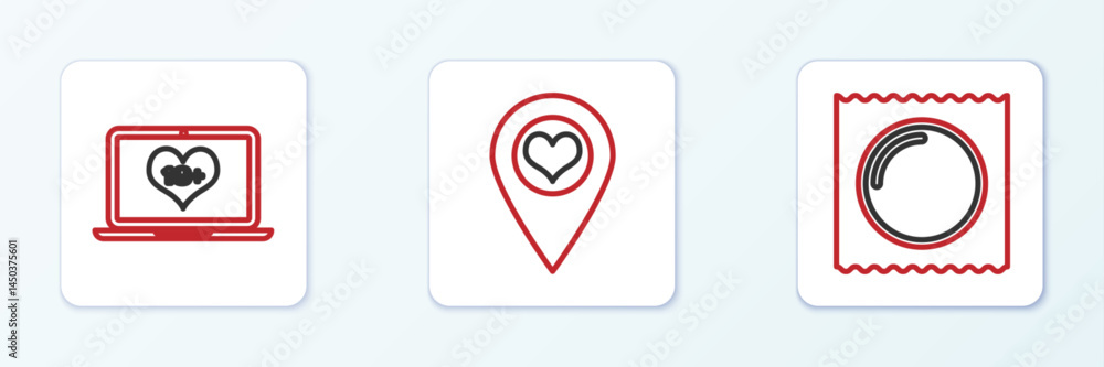 Aufkleber set line condom in package, laptop with 18 plus content and location heart icon. vector