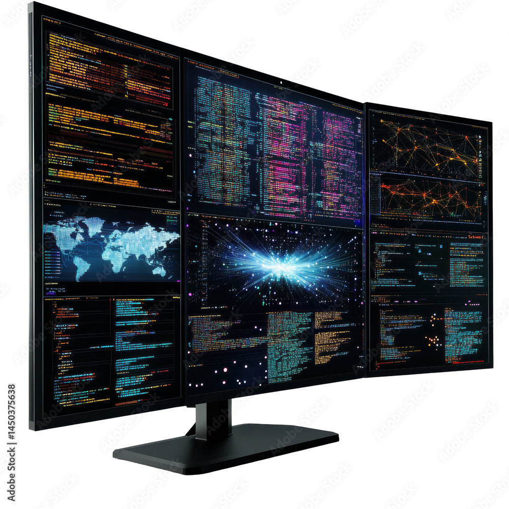 Poster a large supercomputer with ai algorithms being processed on multiple screens. isolated on white back