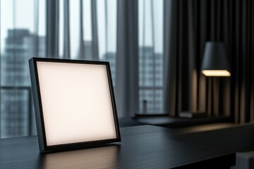 Square illuminated display on a dark wooden table in a modern room with city views