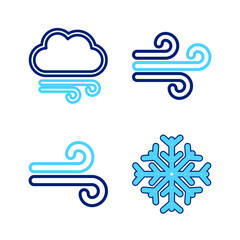 Set line Snowflake, Wind, and Windy weather icon. Vector