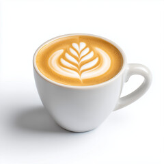 A cup of coffee with latte art in a white mug. white background
