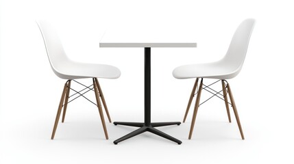 Modern square table with two white plastic chairs on white background.