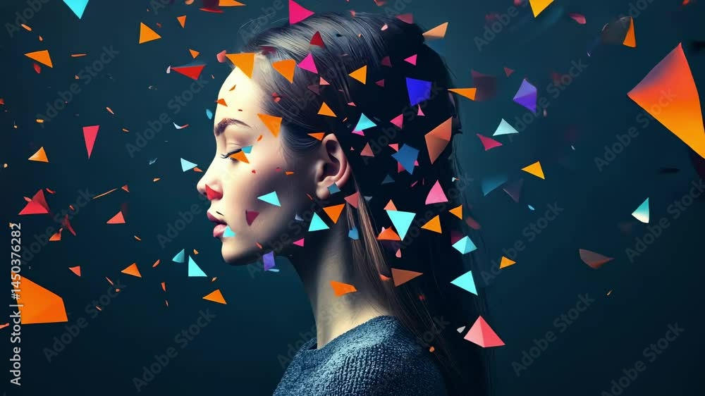 Aufkleber Colorful triangular particles bursting dynamically from woman's head, representing psychological complexity and emotional fragmentation against dark green backdrop in conceptual animated sequence