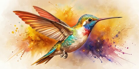 Obraz premium A Colorful Hummingbird in Flight with Watercolor Splashes of Yellow, Orange, Red, Purple, and Green