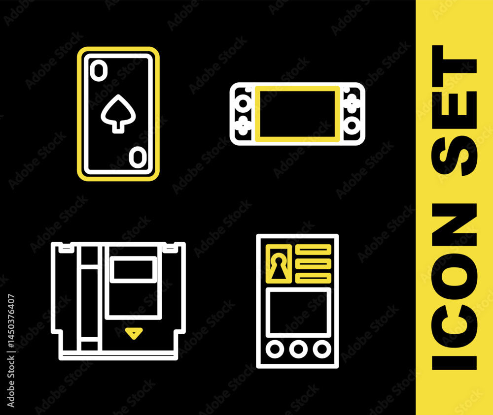 Poster set line portable video game console, create account screen, cartridge and playing card with diamond