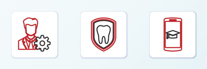 Set line Graduation cap on mobile, Profile settings and Dental protection icon. Vector