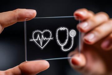 Hand holding transparent tablet with stethoscope and heartbeat icon
