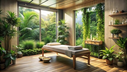 Fototapeta premium Soothing ambiance in a serene massage room surrounded by lush green plants and calming colors, natural light