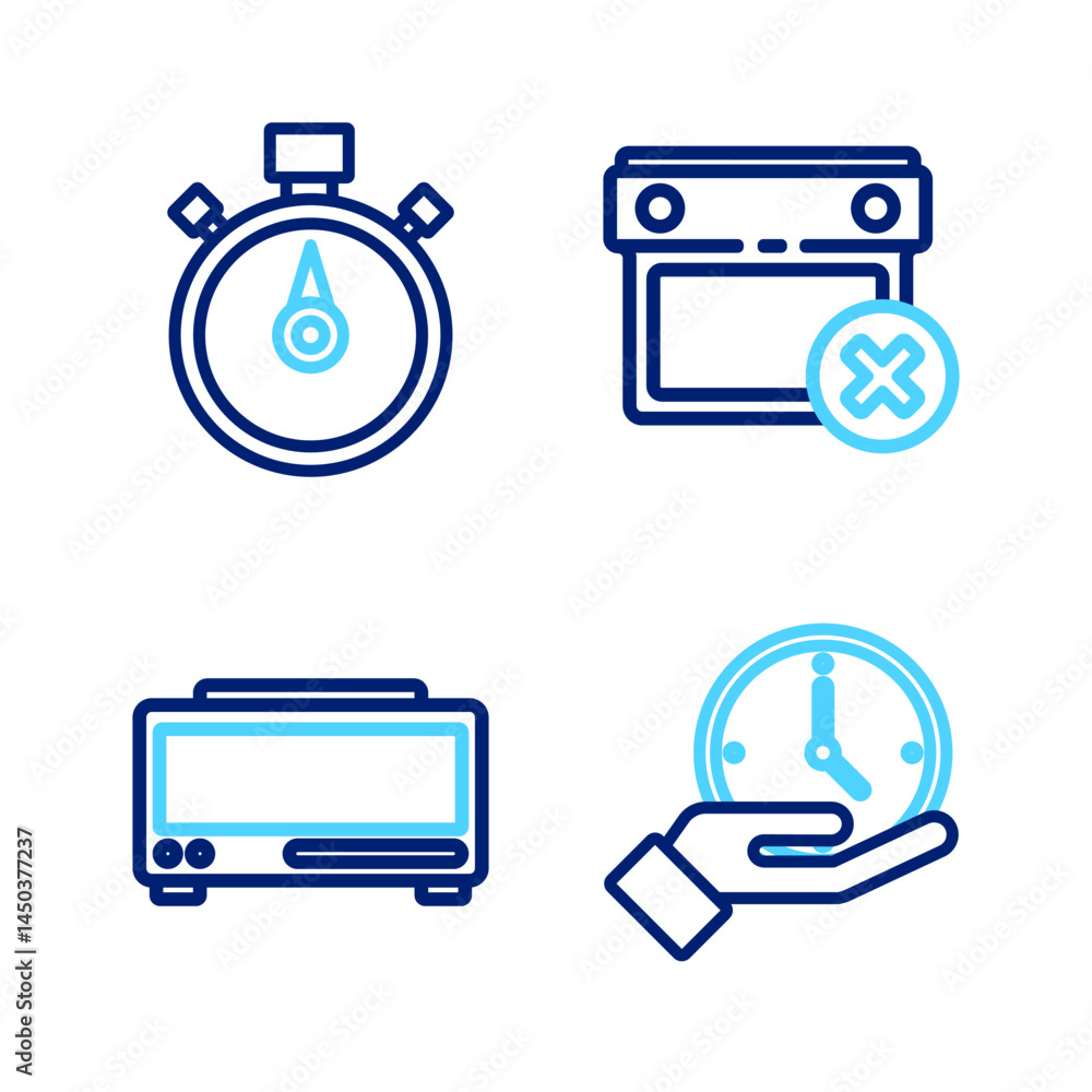 Poster set line clock, digital alarm clock, calendar date delete and stopwatch icon. vector